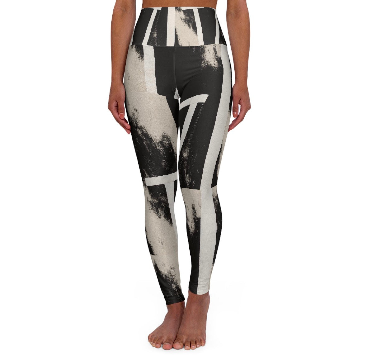 Black & Cream Abstract High-Waist Yoga Leggings — Graphic AOP Activewear