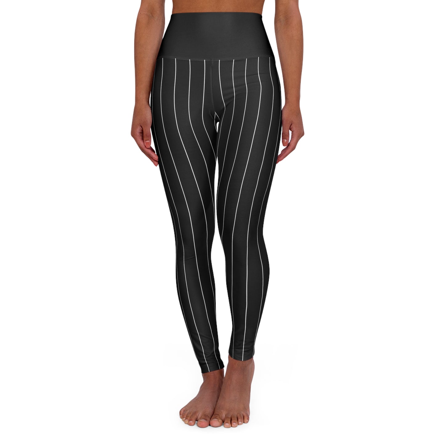 High-Waisted Pinstripe Yoga Leggings — Black Vertical Stripe Athletic Leggings