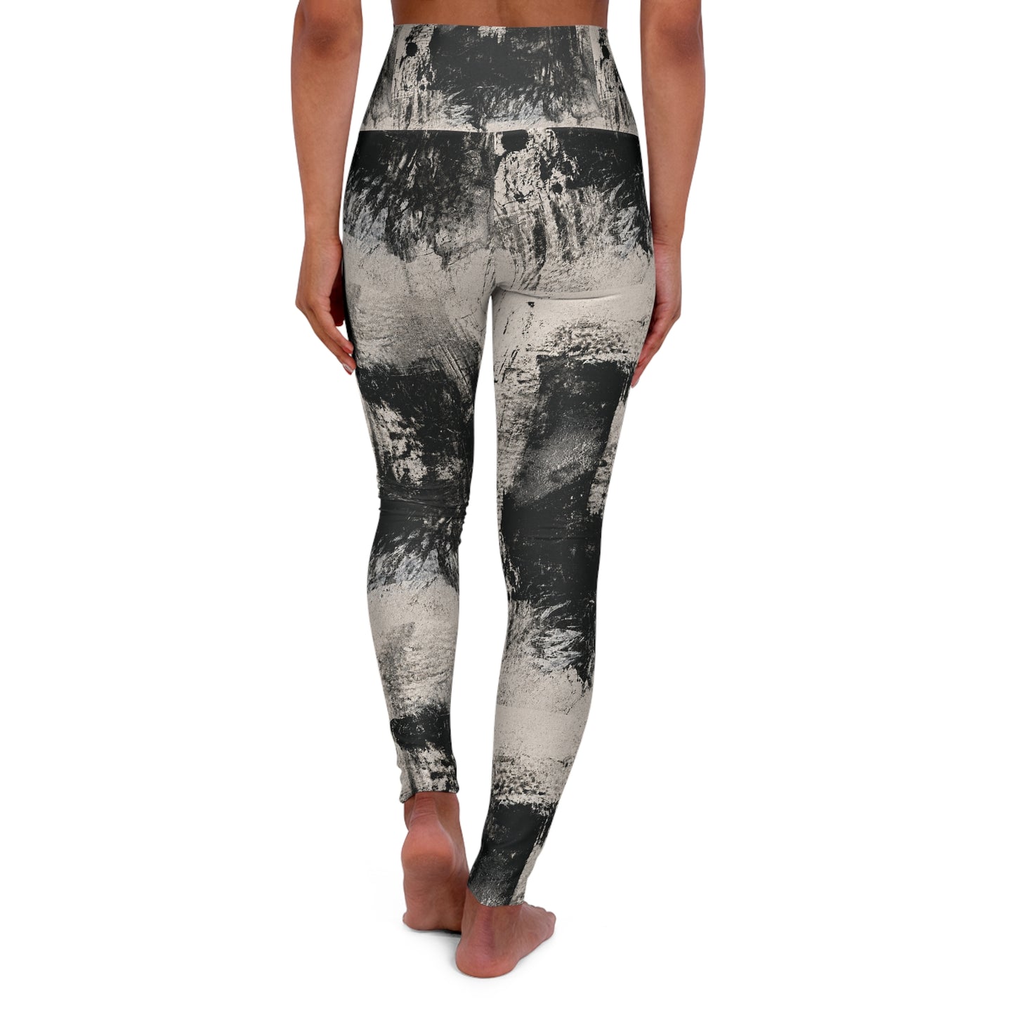 High-Waist Abstract Black & White Yoga Leggings — Brushstroke Print