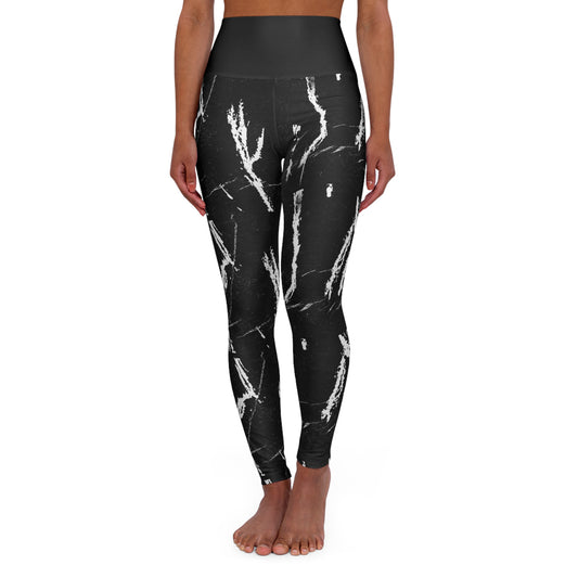 Black Marble High-Waist Yoga Leggings — Sculpting Athletic Leggings with White Vein Print