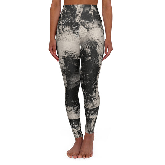 High-Waist Abstract Black & White Yoga Leggings — Brushstroke Print