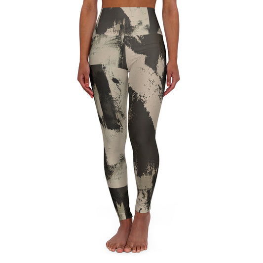 High-Waist Brushstroke Yoga Leggings — Neutral Abstract Print
