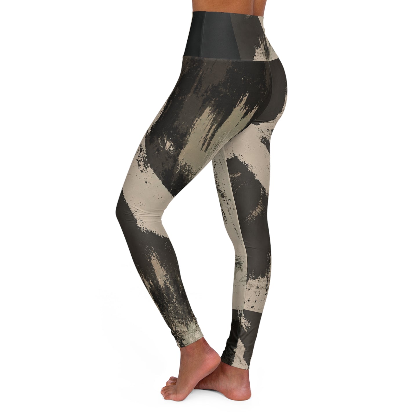 High-Waist Brushstroke Yoga Leggings — Neutral Abstract Print