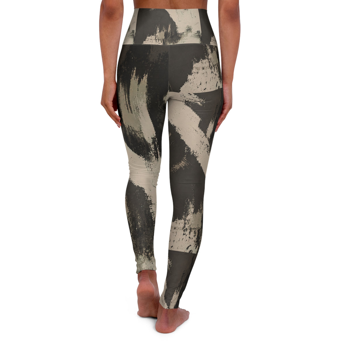 High-Waist Brushstroke Yoga Leggings — Neutral Abstract Print