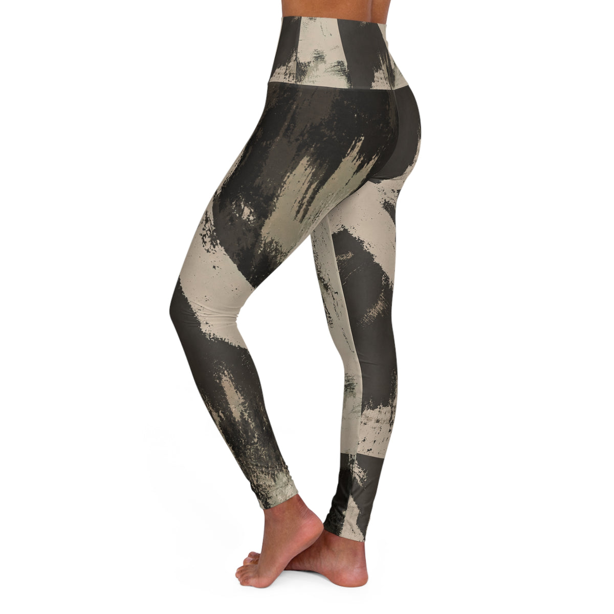 High-Waist Brushstroke Yoga Leggings — Neutral Abstract Print