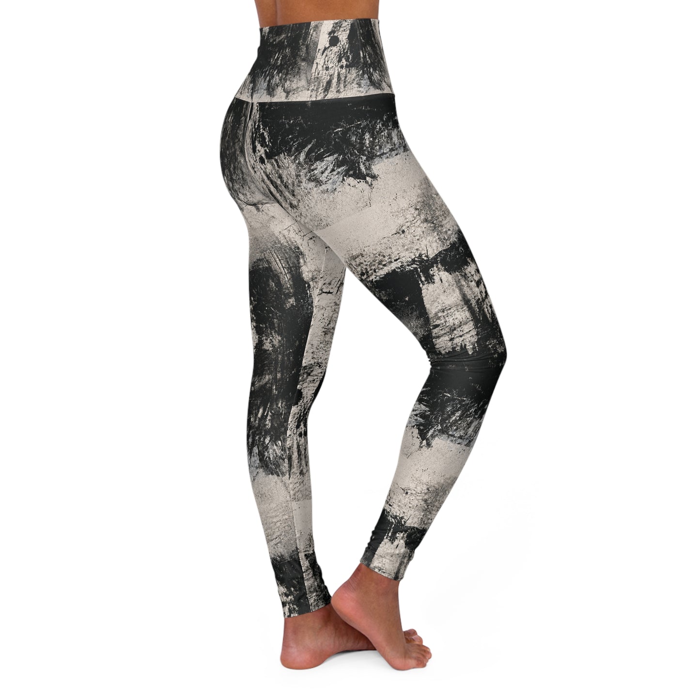 High-Waist Abstract Black & White Yoga Leggings — Brushstroke Print