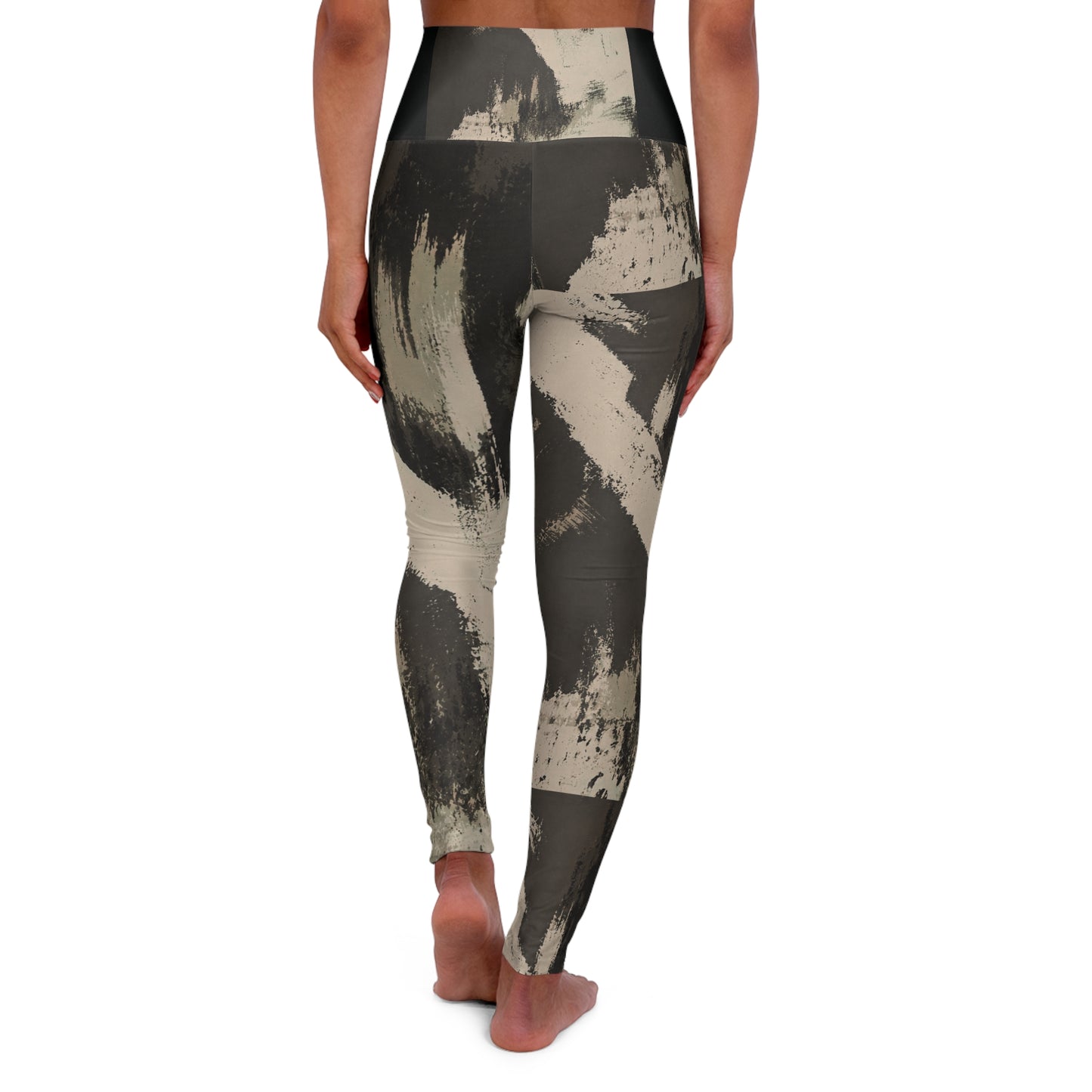 High-Waist Brushstroke Yoga Leggings — Neutral Abstract Print