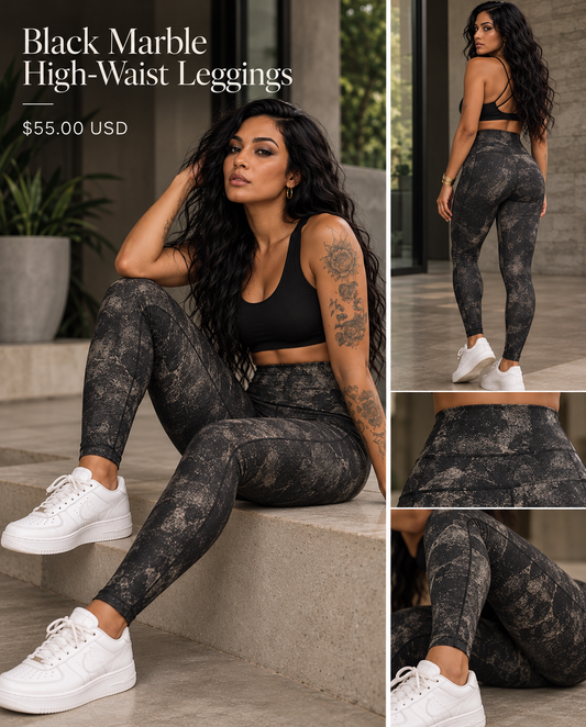 Black Marble High-Waist Yoga Leggings — Sculpting Athletic Leggings with White Vein Print