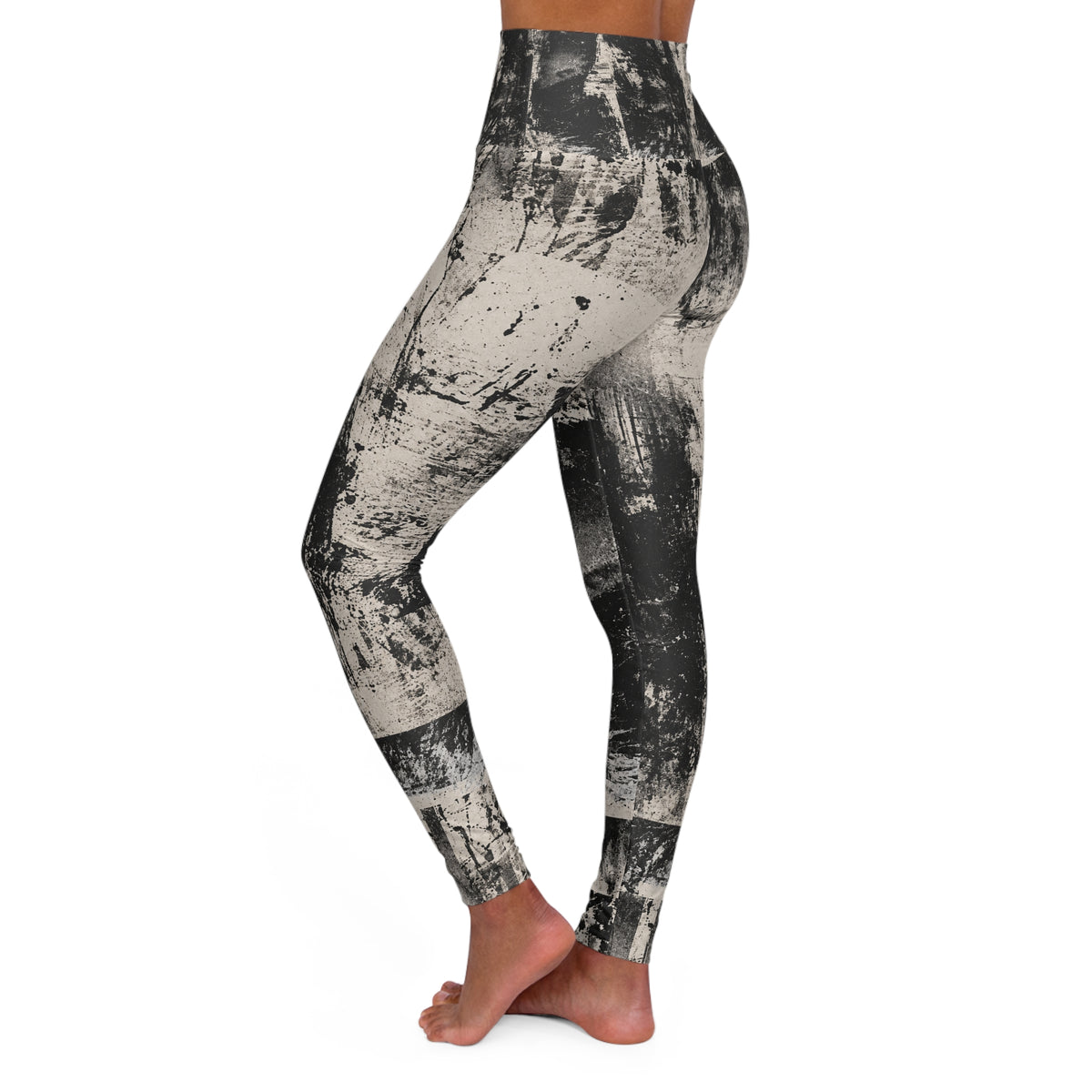 High-Waist Abstract Black & White Yoga Leggings — Brushstroke Print