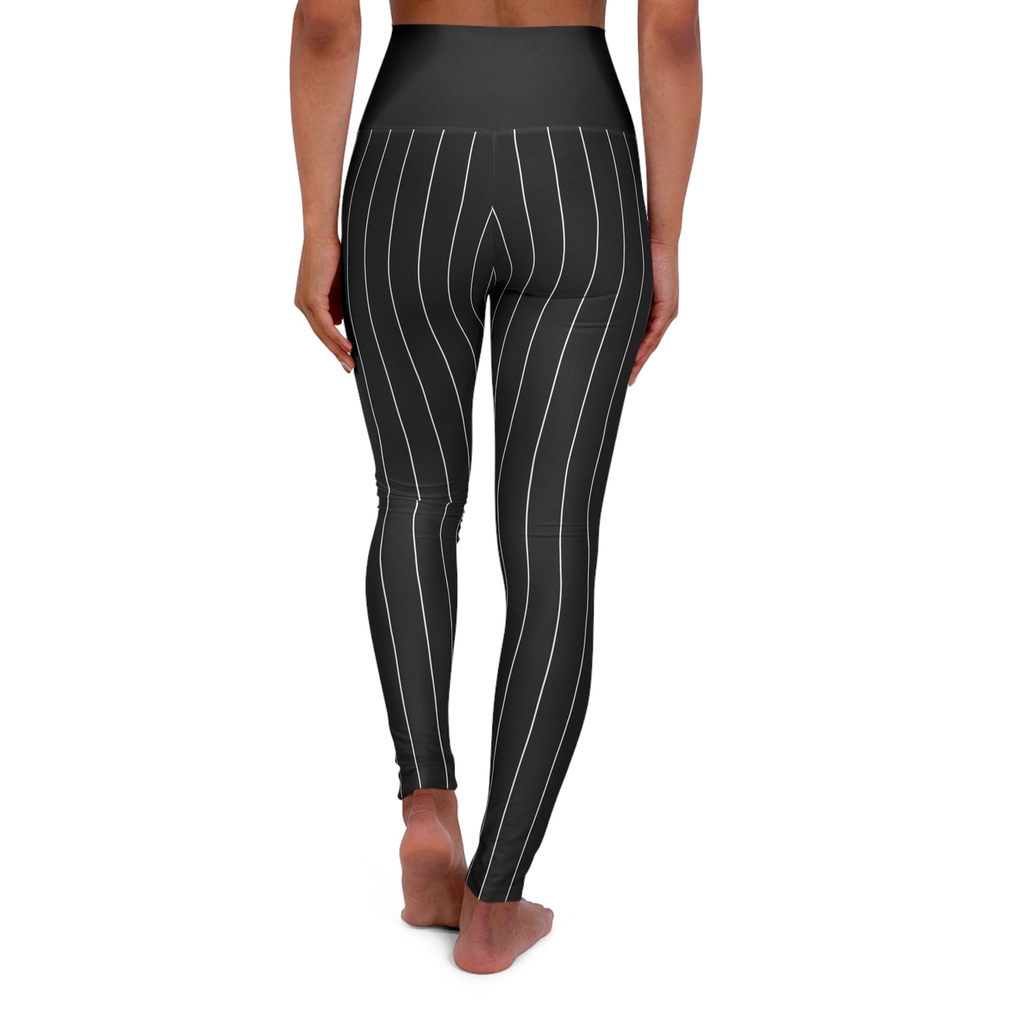 High-Waisted Pinstripe Yoga Leggings — Black Vertical Stripe Athletic Leggings