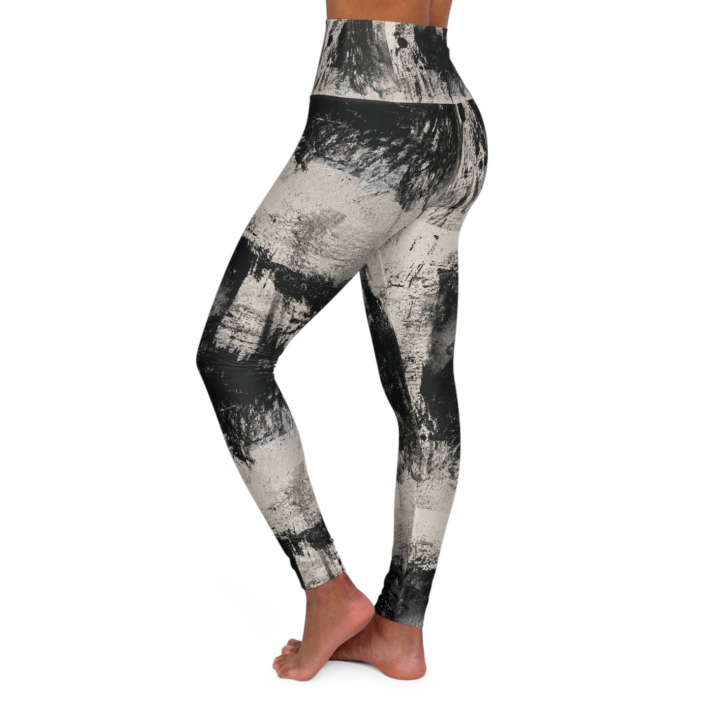 High-Waist Abstract Black & White Yoga Leggings — Brushstroke Print
