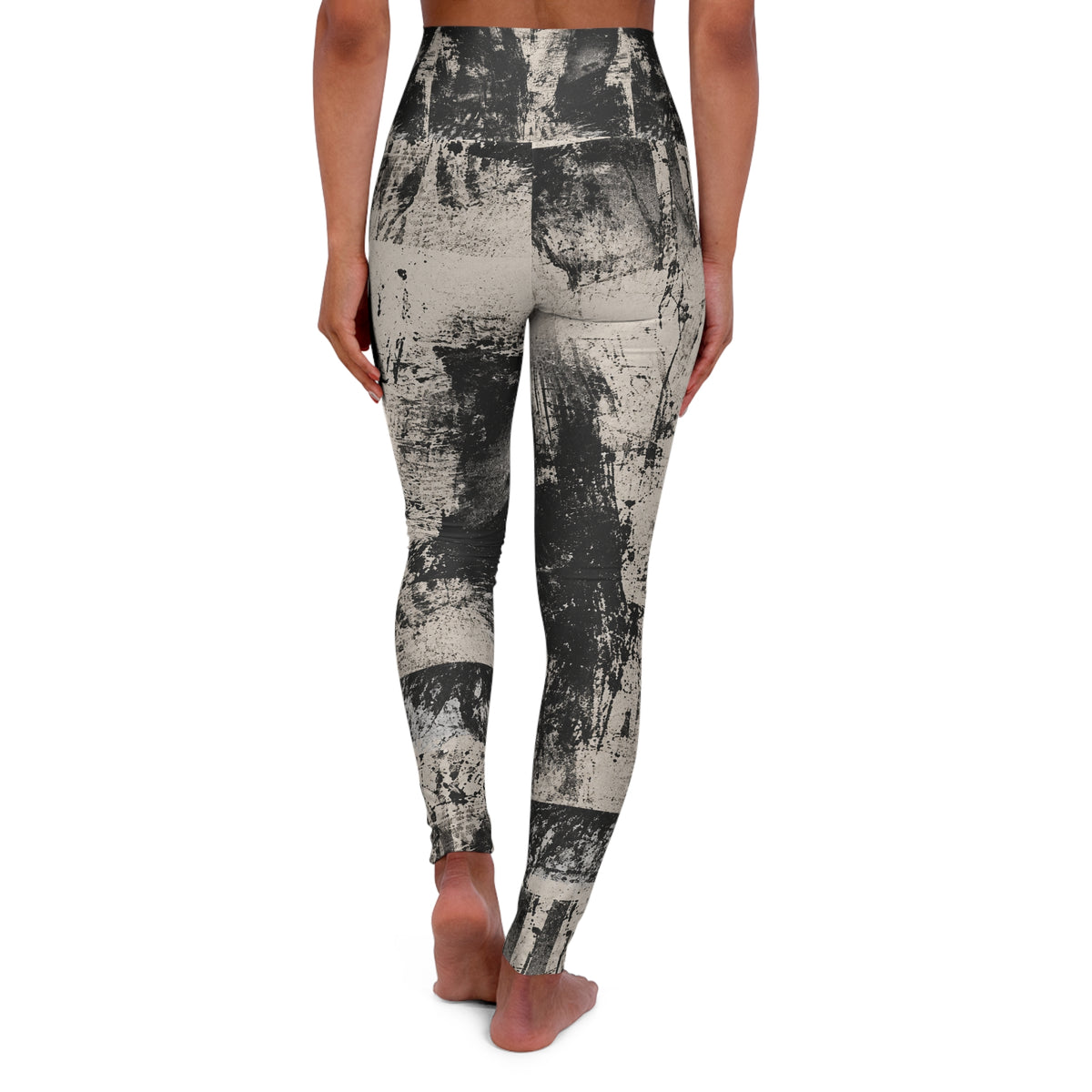 High-Waist Abstract Black & White Yoga Leggings — Brushstroke Print