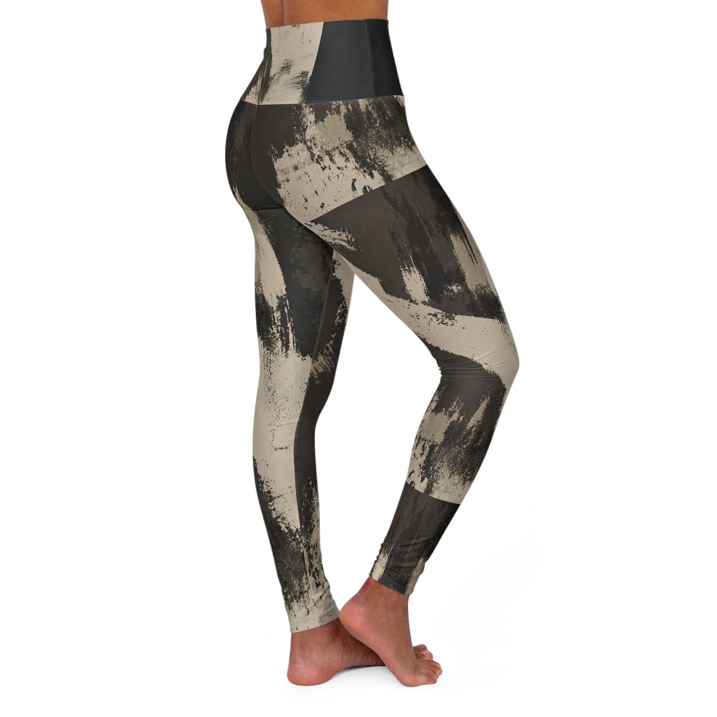 High-Waist Brushstroke Yoga Leggings — Neutral Abstract Print