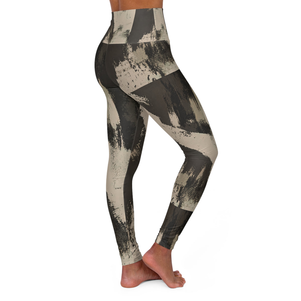 High-Waist Brushstroke Yoga Leggings — Neutral Abstract Print