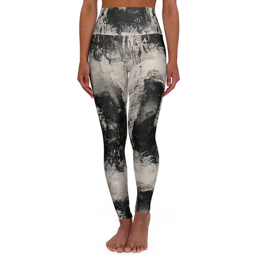 High-Waist Abstract Black & White Yoga Leggings — Brushstroke Print