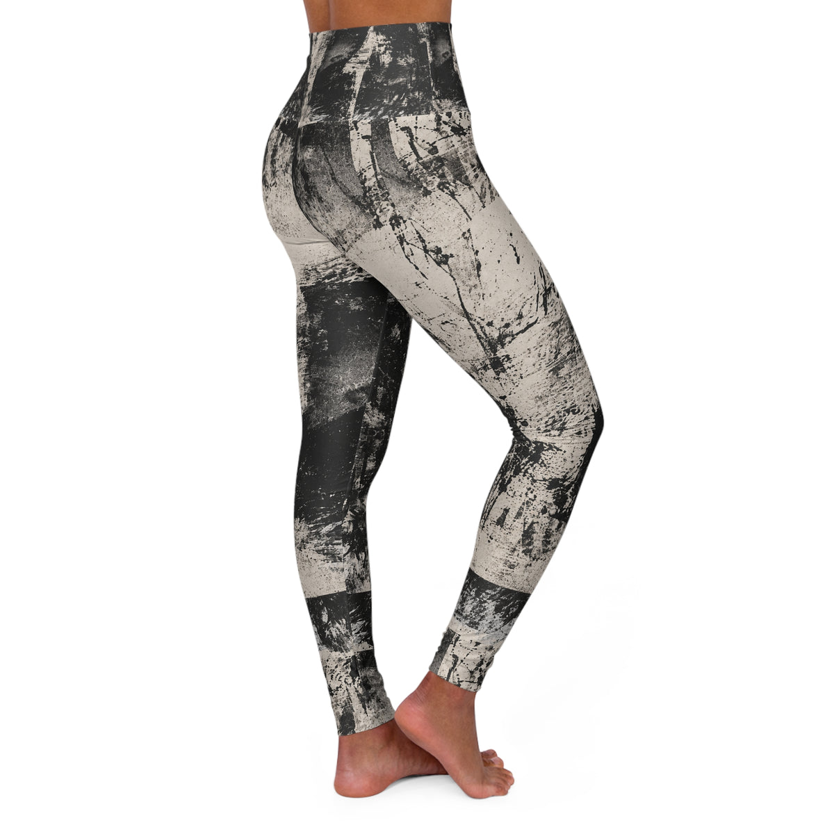 High-Waist Abstract Black & White Yoga Leggings — Brushstroke Print
