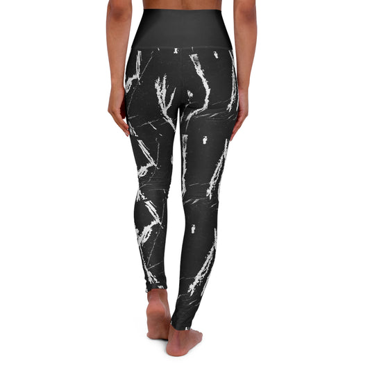 Black Marble High-Waist Yoga Leggings — Sculpting Athletic Leggings with White Vein Print