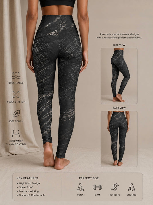 High-Waisted Black Snakeprint Yoga Leggings — Textured Animal Skin Activewear