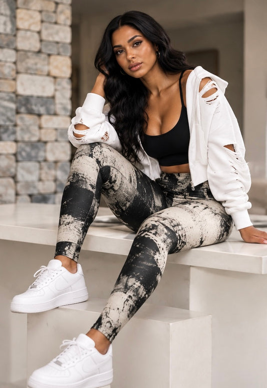 High-Waist Abstract Black & White Yoga Leggings — Brushstroke Print