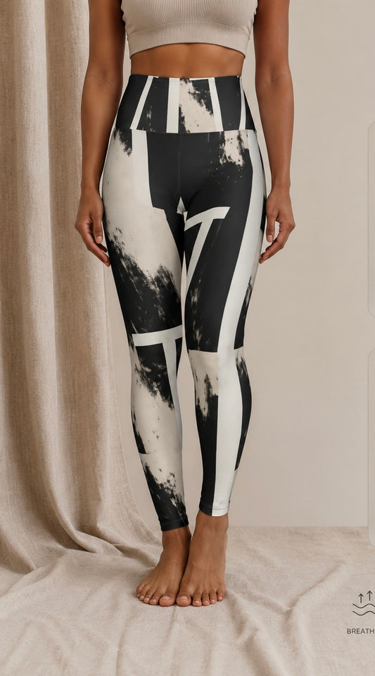 Black & Cream Abstract High-Waist Yoga Leggings — Graphic AOP Activewear