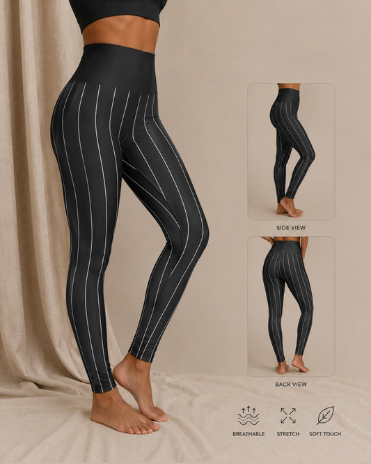 High-Waisted Pinstripe Yoga Leggings — Black Vertical Stripe Athletic Leggings