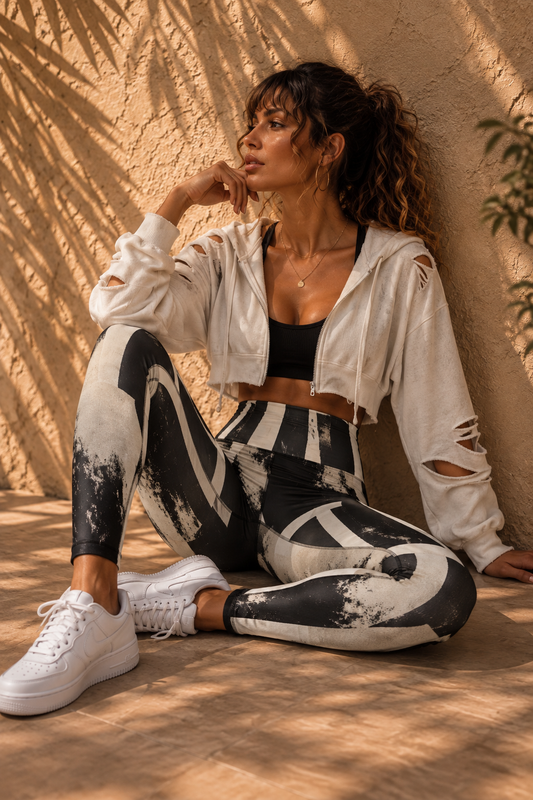 Black & Cream Abstract High-Waist Yoga Leggings — Graphic AOP Activewear