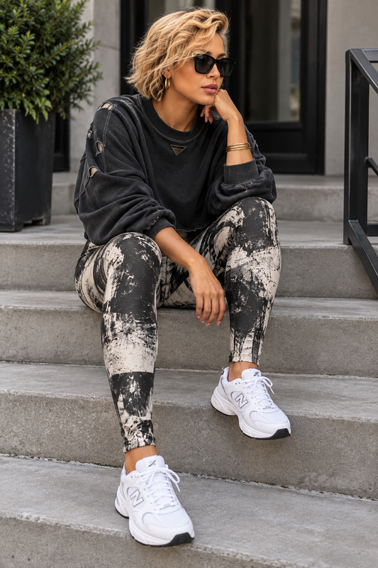 High-Waist Abstract Black & White Yoga Leggings — Brushstroke Print