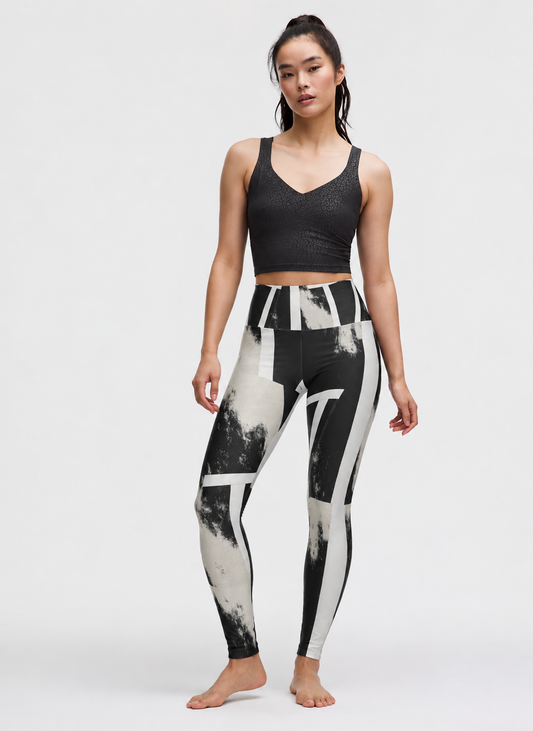 Black & Cream Abstract High-Waist Yoga Leggings — Graphic AOP Activewear