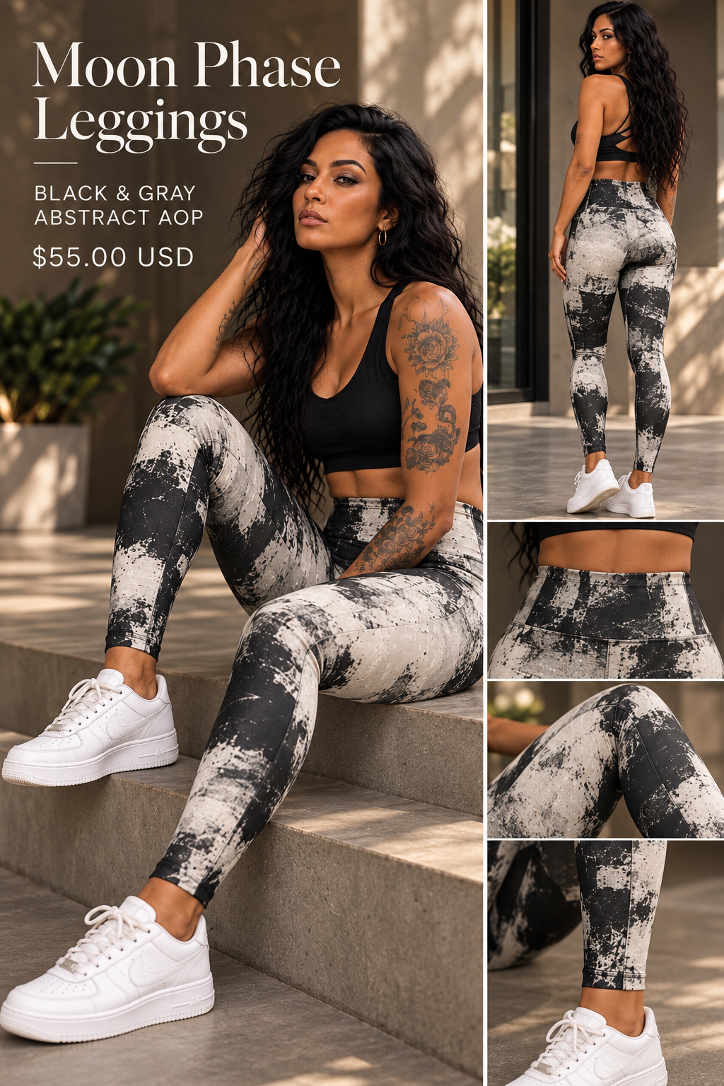 Moon Phase High-Waist Yoga Leggings — Black & Gray Abstract AOP
